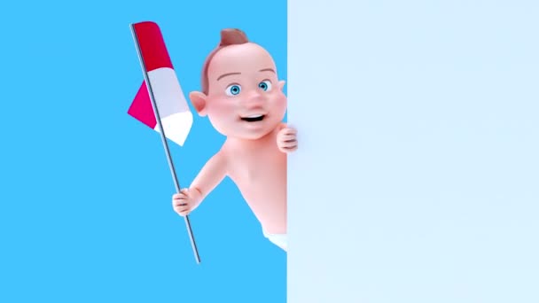 卡通人物宝宝带着摩纳哥国旗 3D动画 — 图库视频影像