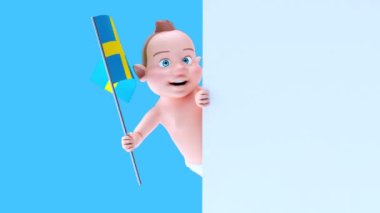 İsveç bayrağı taşıyan komik çizgi film karakteri bebek - 3 boyutlu animasyon 