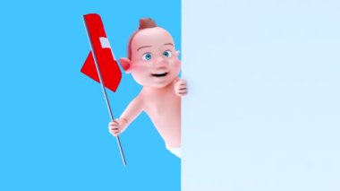 İsviçre bayrağı taşıyan komik bir çizgi film karakteri bebeği. 3 boyutlu animasyon. 