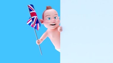 İngiliz bayrağı taşıyan komik çizgi film karakteri bebek - 3 boyutlu animasyon 
