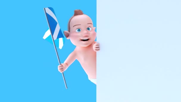 Смешной Мультяшный Персонаж Ребенок Флагом Шотландии Анимация — стоковое видео
