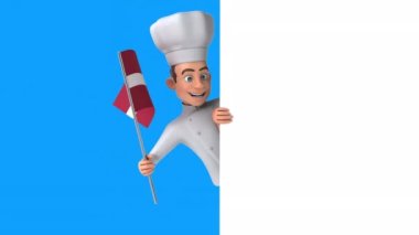 Letonya bayrağı taşıyan komik çizgi film karakteri şefi - 3 boyutlu animasyon 