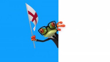 İngiliz bayrağı taşıyan komik çizgi film karakteri kurbağası - 3 boyutlu animasyon  