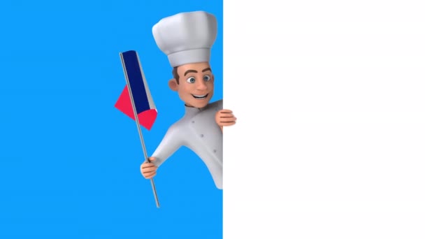 フランスの国旗を持つ面白い漫画のキャラクターシェフ 3Dアニメーション — ストック動画