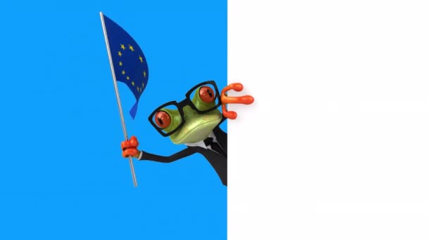 Zabawna Postać Kreskówki Żaba Flagą Europy Animacja — Wideo stockowe