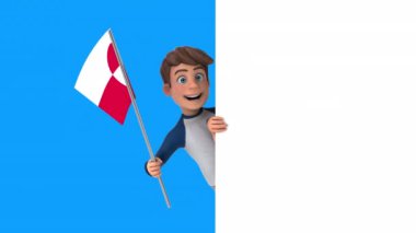 Yeşil bayrak taşıyan komik çizgi film karakteri çocuk - 3D animasyon 