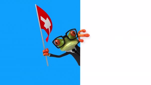Zabawna Postać Kreskówki Żaba Flagą Szwajcarii Animacja — Wideo stockowe