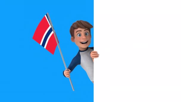 Zabawna Postać Kreskówki Chłopiec Flagą Norwegii Animacja — Wideo stockowe