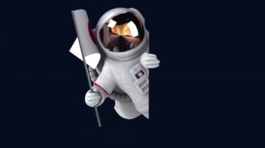 Japon bayrağı taşıyan eğlenceli astronot çizgi film karakteri - 3 boyutlu animasyon 