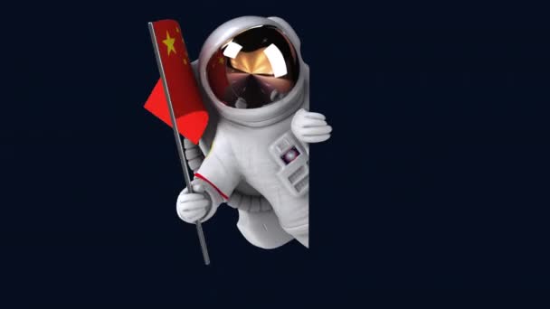 Веселый Астронавт Мультфильм Персонаж Флагом Китая Анимация — стоковое видео