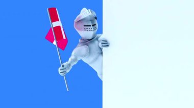 Danimarka bayrağı taşıyan komik bir karikatür kahramanı. 3D animasyon. 