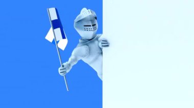 Finlandiya bayrağı taşıyan komik çizgi film kahramanı şövalye - 3 boyutlu animasyon 