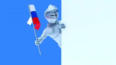 Rusya bayrağı taşıyan komik çizgi film kahramanı şövalye - 3D animasyon 