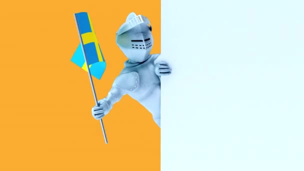 Funny Cartoon Character Knight Flag Sweden Animation — Stock Video