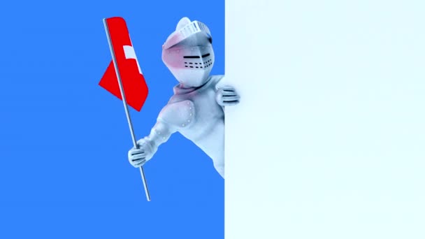 Lustige Zeichentrickfigur Ritter Mit Schweizer Flagge Animation — Stockvideo