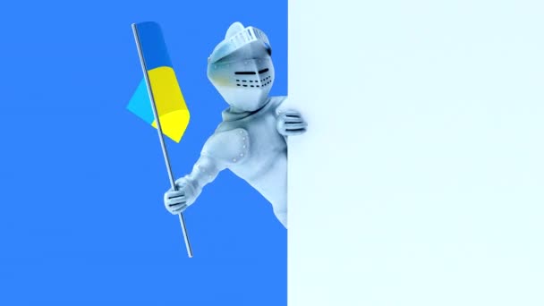 带有乌克兰国旗的滑稽卡通人物骑士 3D动画 — 图库视频影像