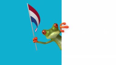 Hollanda bayrağı taşıyan komik çizgi film karakteri kurbağa - 3D animasyon 