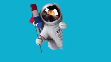 Hollanda bayrağı taşıyan komik çizgi film karakteri astronot - 3D animasyon 