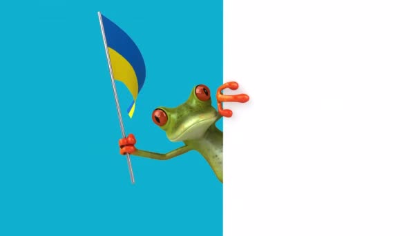 Zabawna Postać Kreskówki Żaba Flagą Ukrainy Animacja — Wideo stockowe