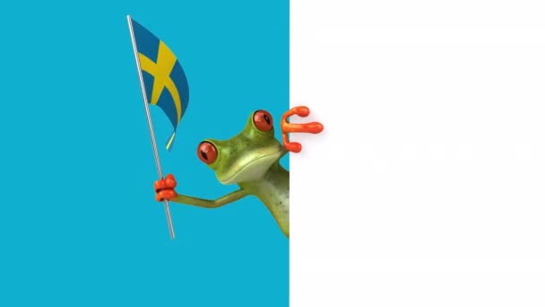 Rolig Tecknad Karaktär Groda Med Svensk Flagga Animation — Stockvideo