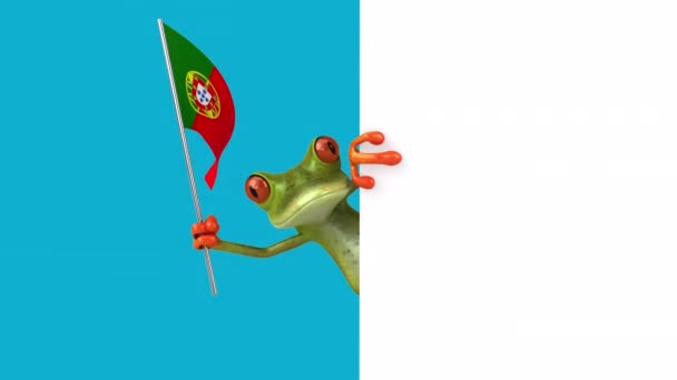 Забавный Мультяшный Персонаж Лягушка Флагом Португалии Анимация — стоковое видео