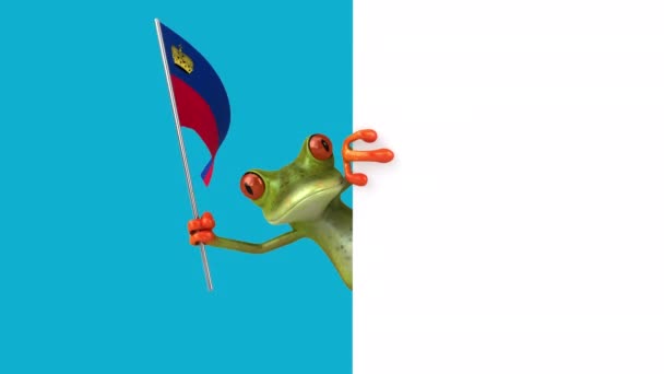 有趣的卡通人物青蛙 带有地衣旗 3D动画 — 图库视频影像