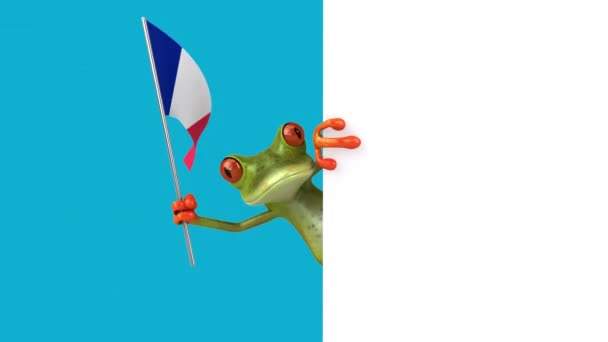 フランスの旗と面白い漫画のキャラクターカエル 3Dアニメーション — ストック動画