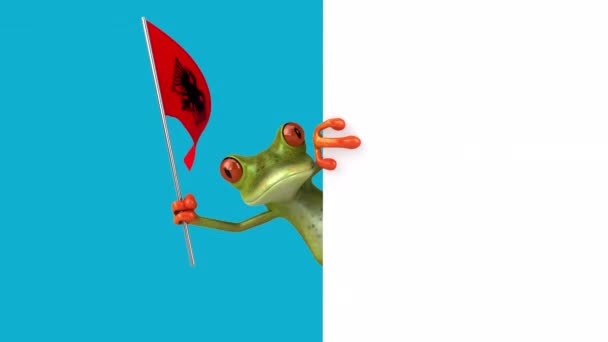 Забавный Мультяшный Персонаж Лягушка Флагом Албании Анимация — стоковое видео