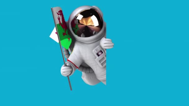 Lustige Cartoon Figur Astronaut Mit Wales Fahne Animation — Stockvideo