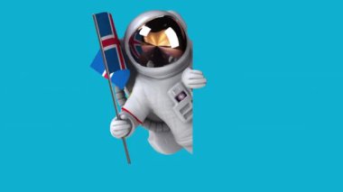 İzlanda bayrağı taşıyan komik karikatür karakteri astronotu - 3D animasyon 