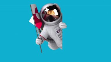Yeşil bayrak taşıyan komik çizgi film karakteri astronot - 3D animasyon 