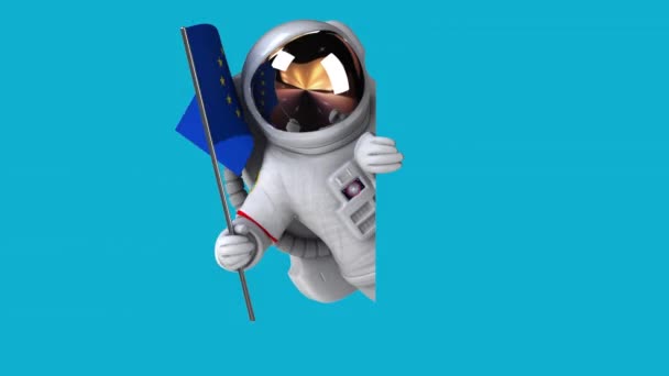 面白い漫画のキャラクター宇宙飛行士とともにヨーロッパの旗 3Dアニメーション — ストック動画