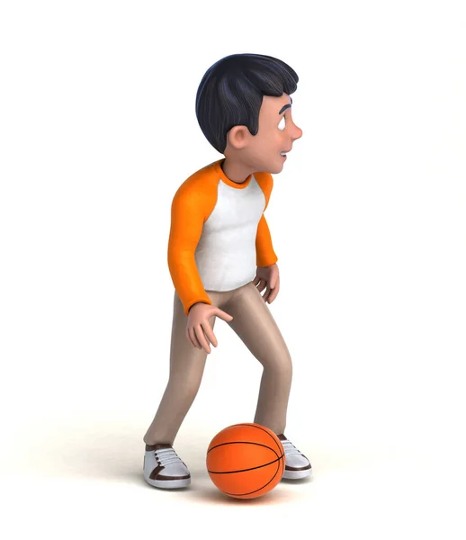 バスケットボールをする楽しい3D漫画のキャラクターの男の子 — ストック写真