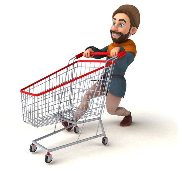 Fun 3D cartoon medieval man with cart 