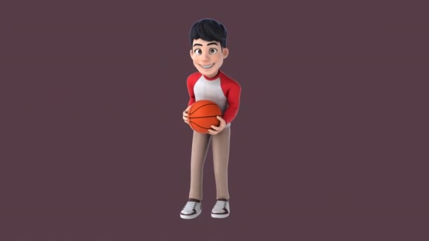 Fun Cartoon Character Boy Playing Basketball — Stock Video