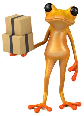 Fun yellow frog with boxes  - 3D Illustration