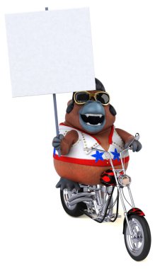 Fun 3D cartoon illustration of a Orang Outan rocker on motorbike