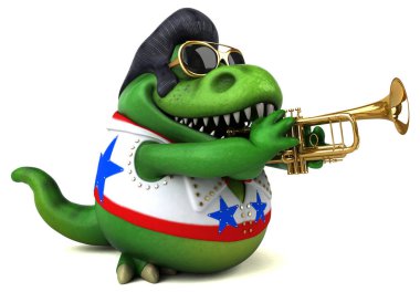Fun 3D cartoon illustration of a Trex rocker with instrument 