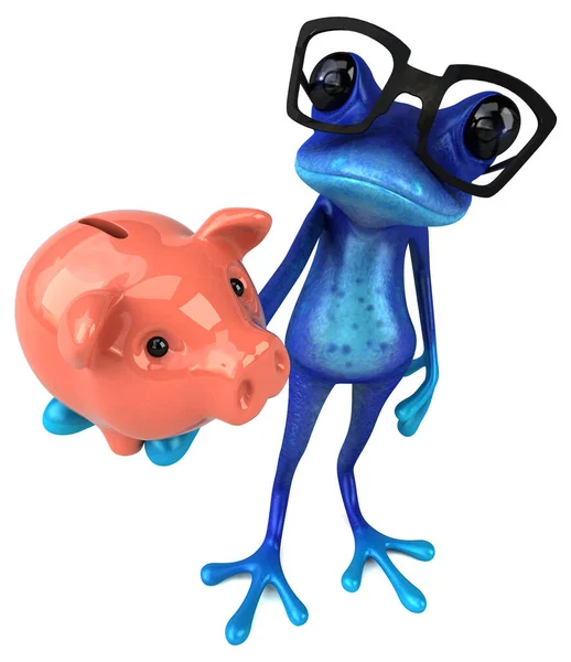 Fun blue frog with piggybank  - 3D Illustration