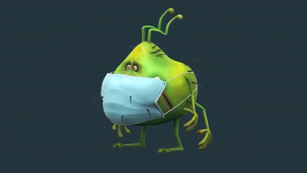 Fun Germ Monster Cartoon Character Wearing Mask — Stock Video