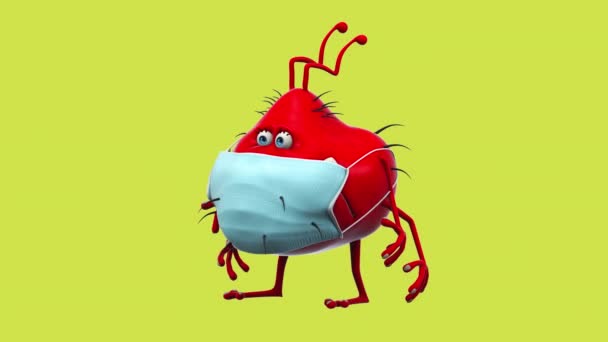 Fun Germ Monster Cartoon Character Wearing Mask — Video Stock