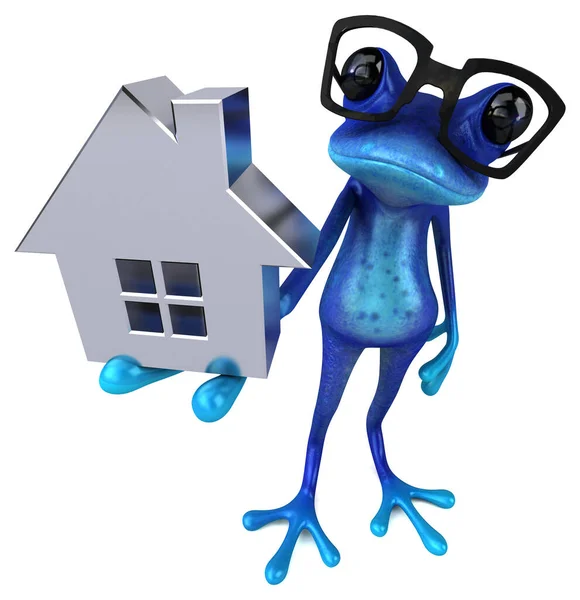 Fun blue frog with house  - 3D Illustration