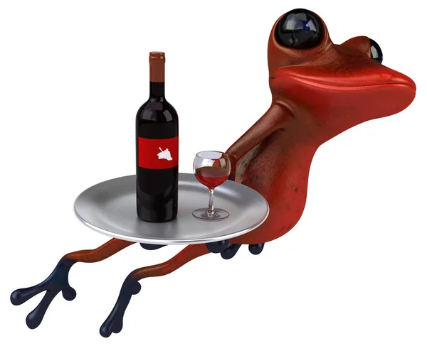 Fun red frog with wine  - 3D Illustration