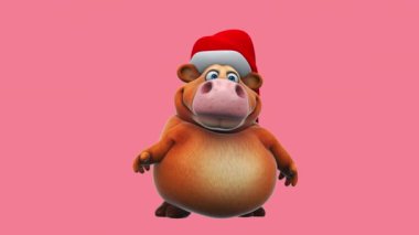 Funny cartoon character cow   in santa claus hat   - 3d animation 
