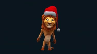 funny cartoon character  lion in santa claus hat    - 3D animation 