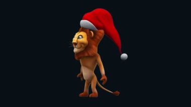 funny cartoon character  lion in santa claus hat    - 3D animation 