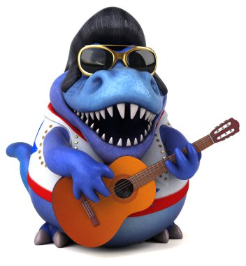 Fun 3D cartoon illustration of a Trex rocker playing 