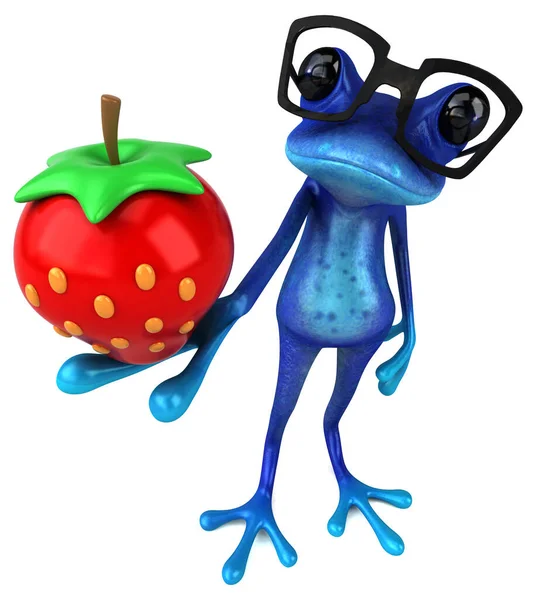 Fun blue frog with strawberry  - 3D Illustration
