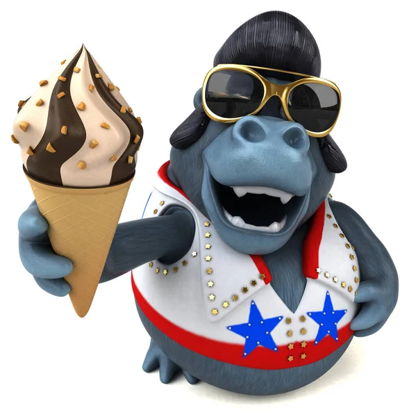 一个带冰淇淋的摇滚大猩猩的有趣3D卡通画 — 图库照片