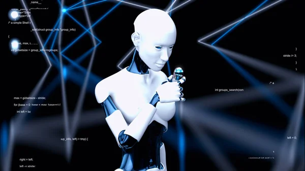 Mulher Robô Segurando Uma Pílula Biotecnológica — Fotografia de Stock